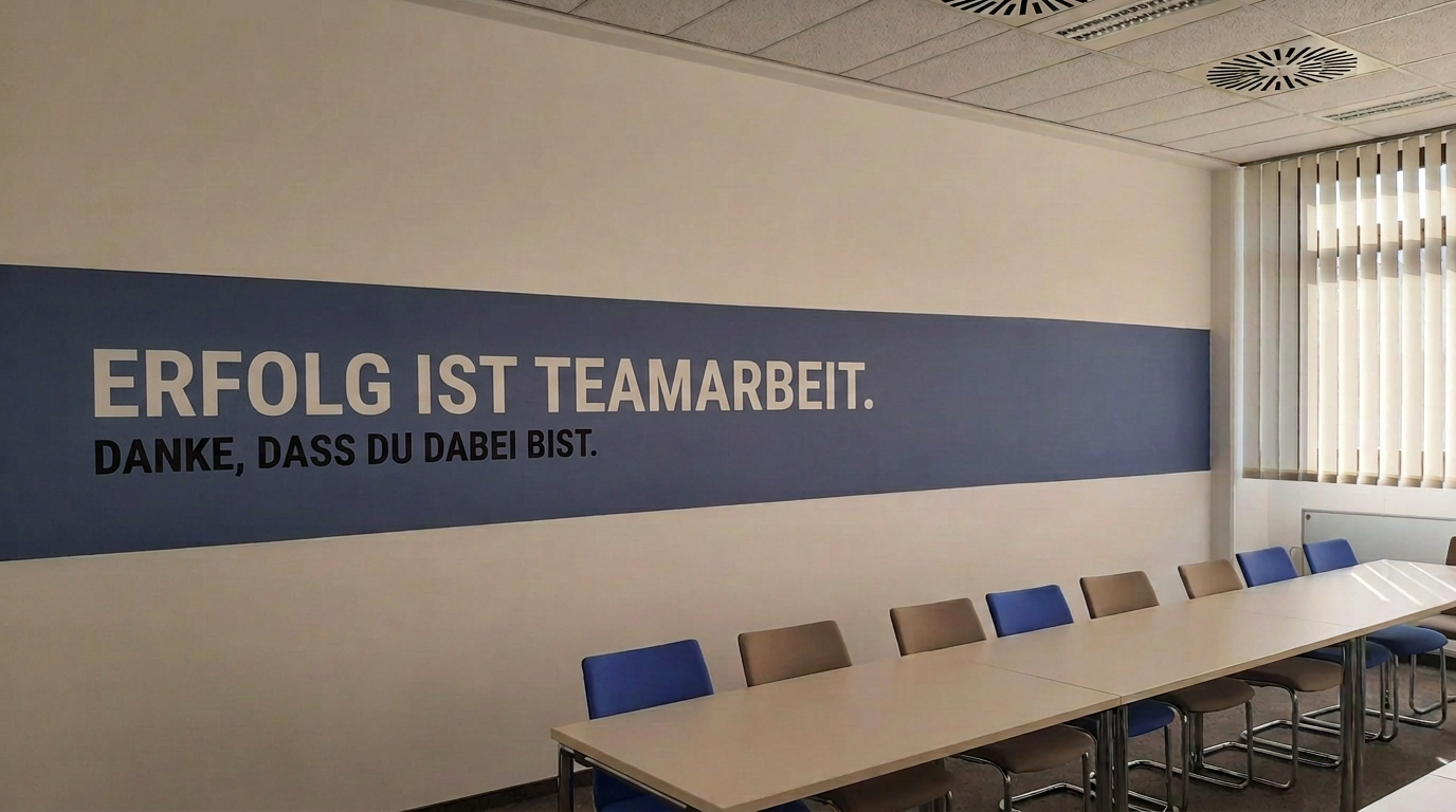 Besprechungsraum mit blauem Wandband und Spruch